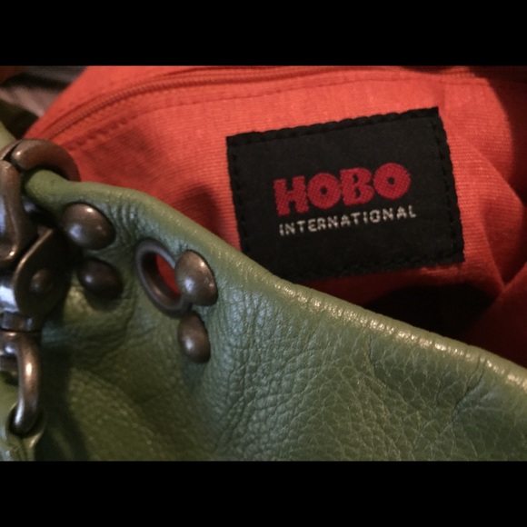 Hobo leather bag, green, tote, brass accents - Picture 7 of 8